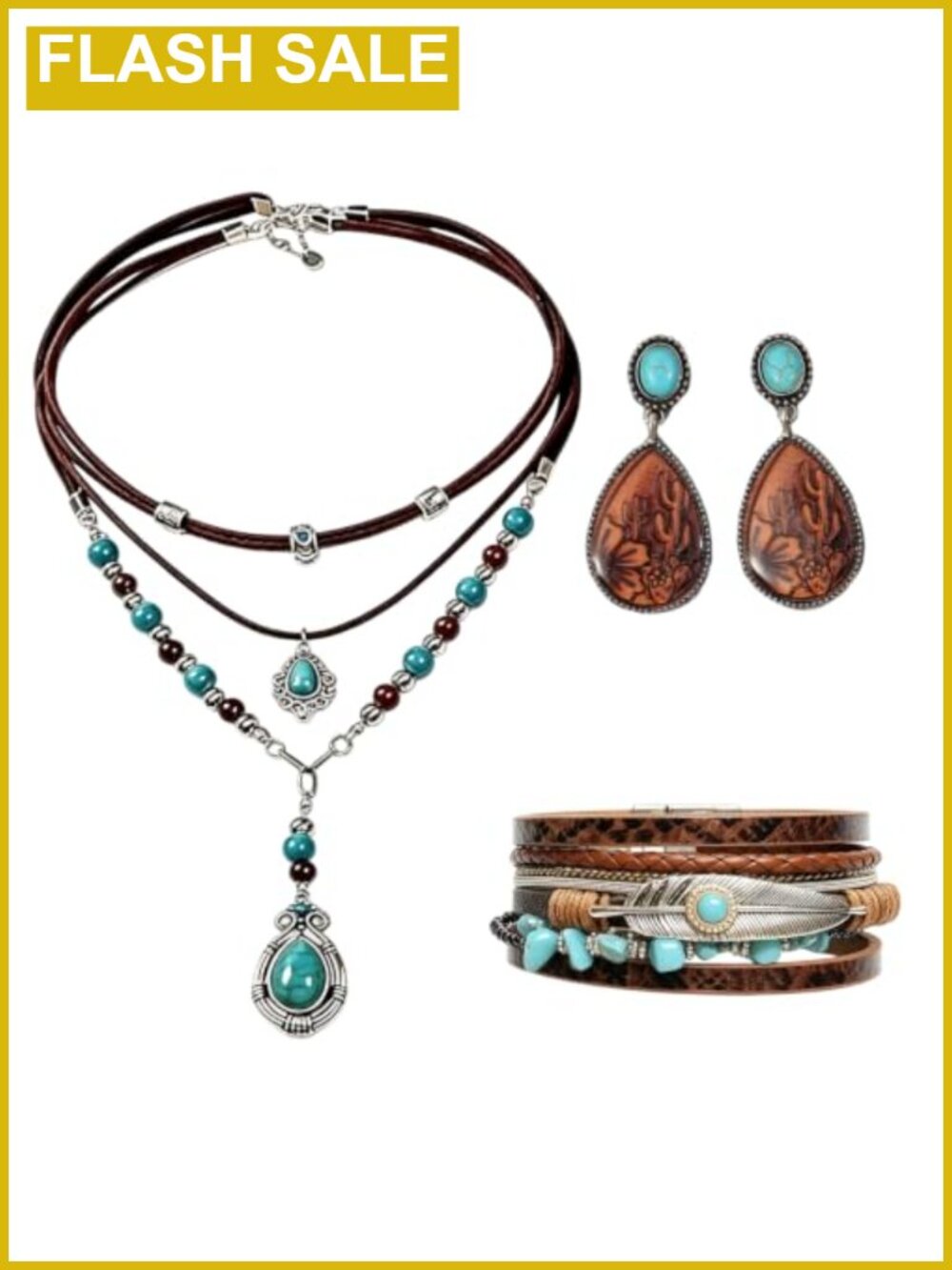 Turquoise Teardrop Necklace Bracelet Earrings Set Western Jewelry for Women